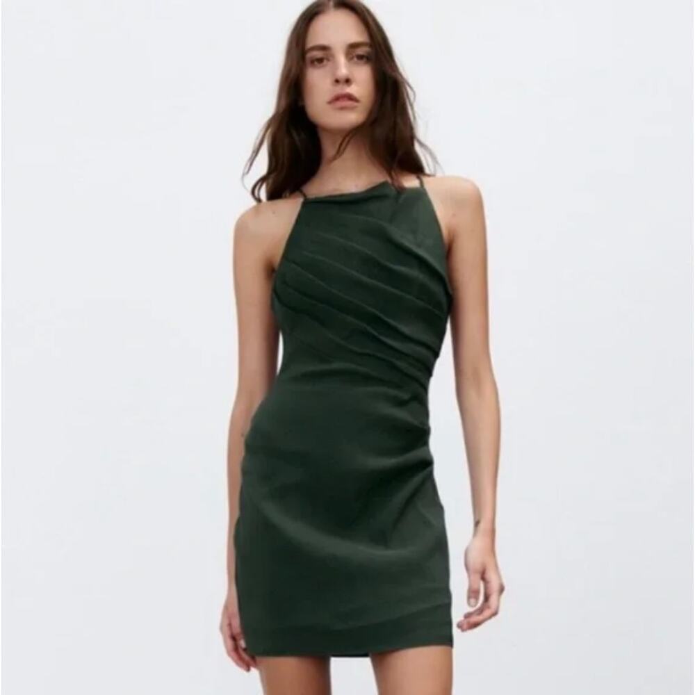 Zara Green‎ Linen Dress high neck Cross back NWOT